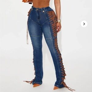 Fashion Nova Blue Jeans with Tan Lace-Up